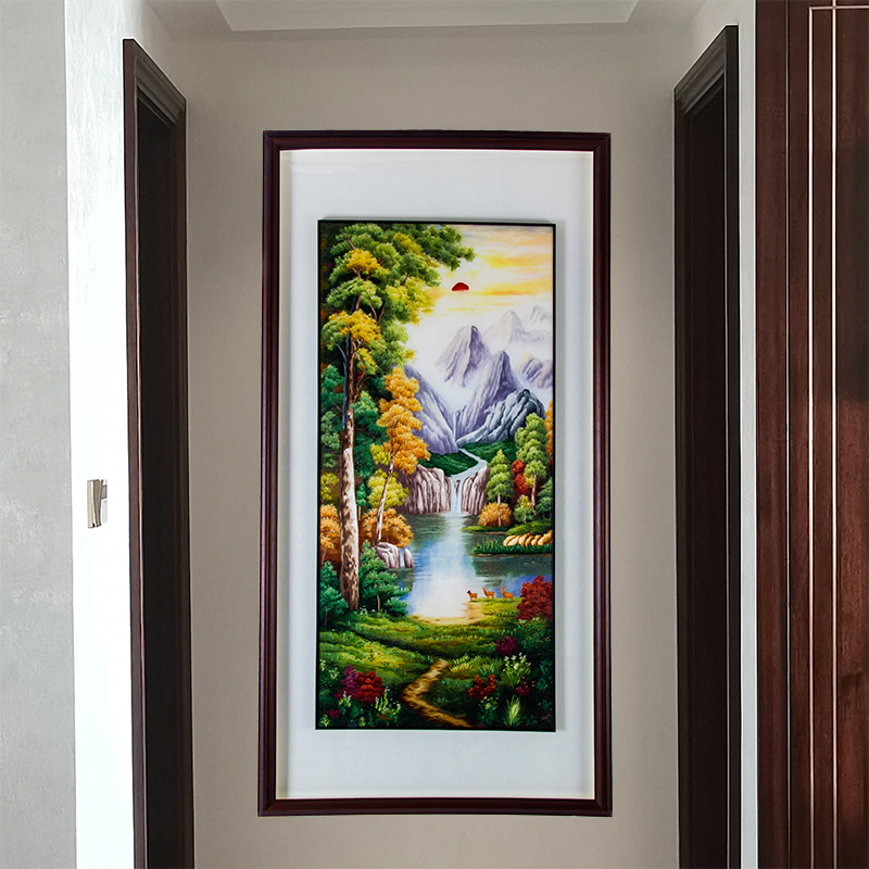 玄关装饰画-手工刺绣山水画《聚宝盆》