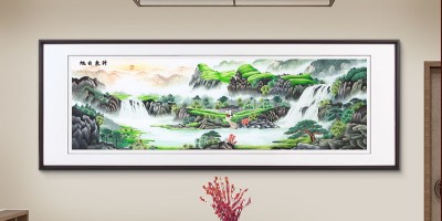 手工刺绣客厅装饰画旭日东升山水画