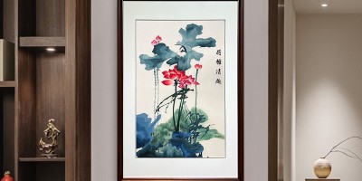 手工刺绣玄关装饰画荷花图