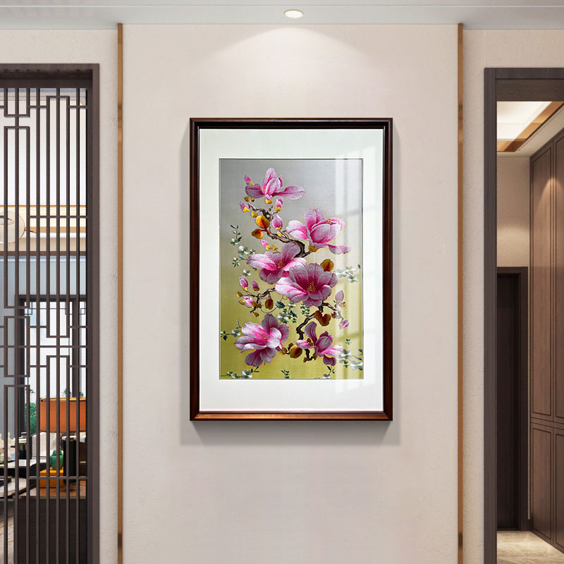 手工刺绣玄关装饰画——手工刺绣装饰画玉兰图 