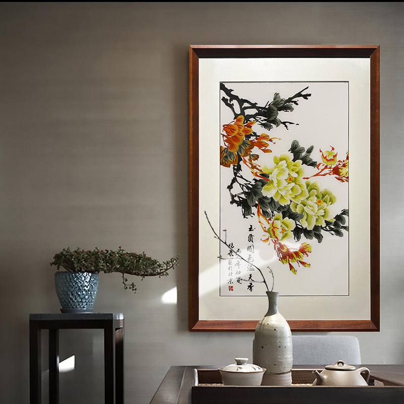 手工刺绣玄关装饰画——手工刺绣装饰画牡丹图 