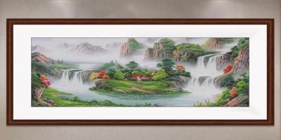 手工刺绣客厅装饰画山水聚宝盆