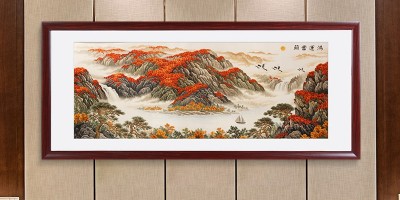 手工刺绣办公室装饰画鸿运当头山水画