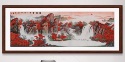 手工刺绣办公室装饰画鸿运当头山水画