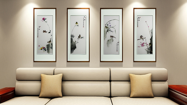 新中式客厅挂画 刺绣梅兰竹菊四条屏