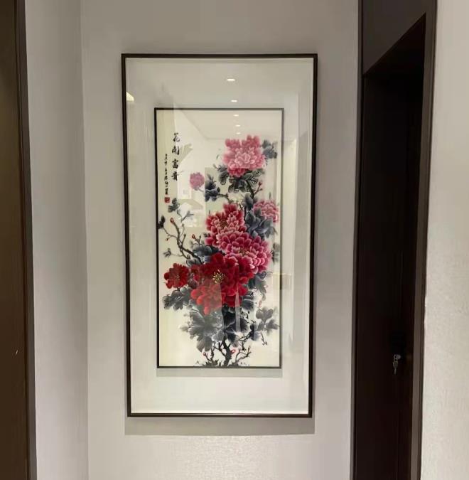 玄关装饰画：一涵汴绣手工刺绣装饰画牡丹花《花开富贵》