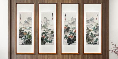 手工刺绣客厅装饰画山水四条屏