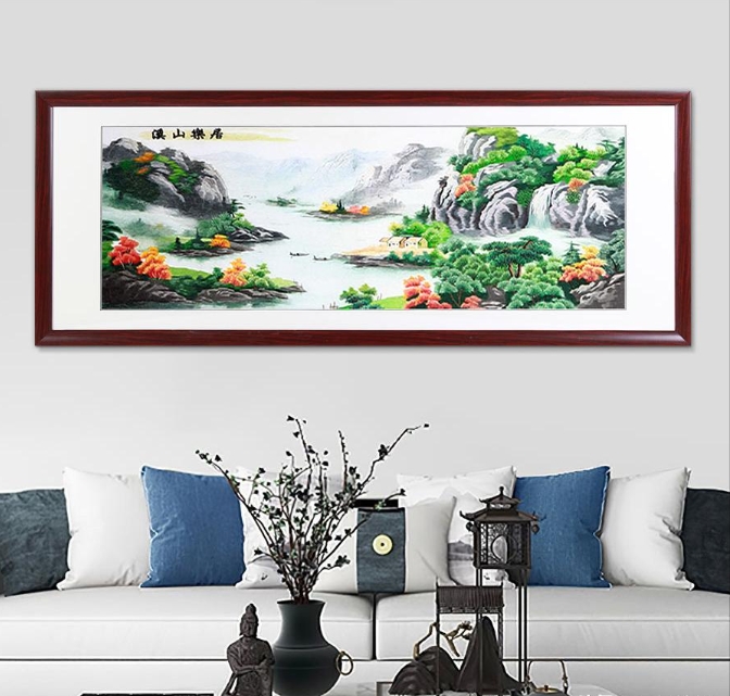 一涵汴绣客厅装饰画——手工刺绣山水画《溪山乐居》