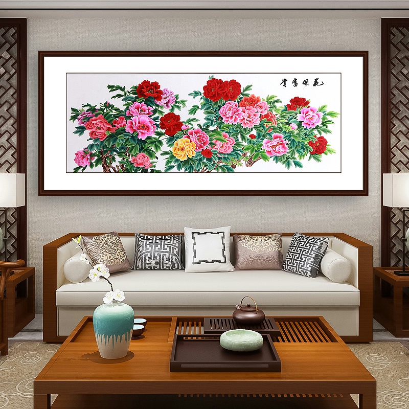 客厅沙发背景墙壁画/客厅装饰画——手工刺绣装饰画牡丹图《花开富贵》