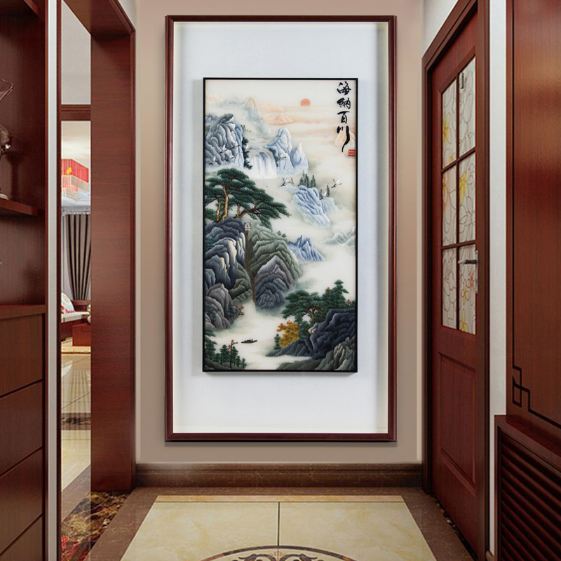 手工刺绣装饰画海纳百川山水画