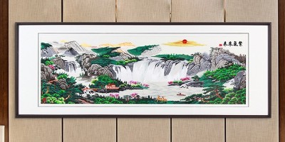 手工刺绣客厅装饰画紫气东来山水画