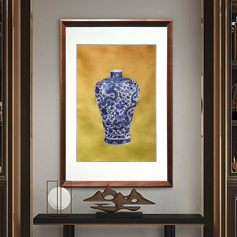 一涵汴绣玄关装饰画——手工刺绣青花龙纹梅瓶图《穿花游龙》