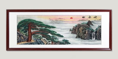 手工刺绣客厅装饰画迎客松山水画