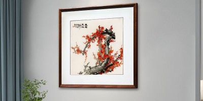 手工刺绣餐厅装饰画红梅图