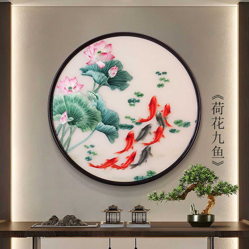 玄关装饰画——手工刺绣装饰画荷花九鱼图