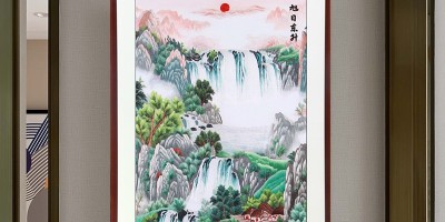 福山绣水好兆头-手工刺绣玄关山水画品质好