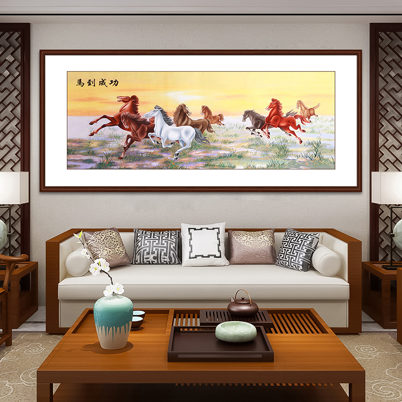 一涵汴绣客厅装饰画——手工刺绣骏马图《马到成功》