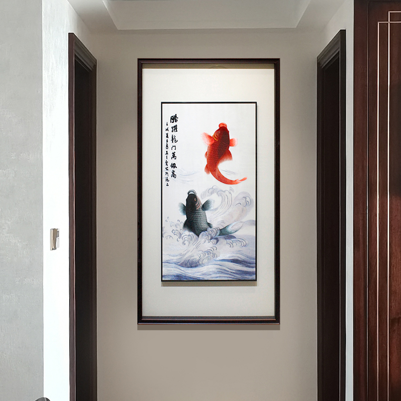 玄关装饰画——手工刺绣鲤鱼图《腾跃龙门万仞高》