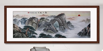 手工刺绣办公室装饰画泰山旭日山水画