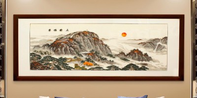 手工刺绣客厅装饰画五岳独尊山水画