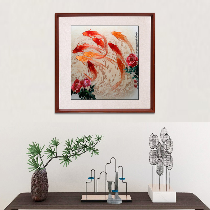 斗方玄关装饰画——手工刺绣装饰画《富贵鱼乐》