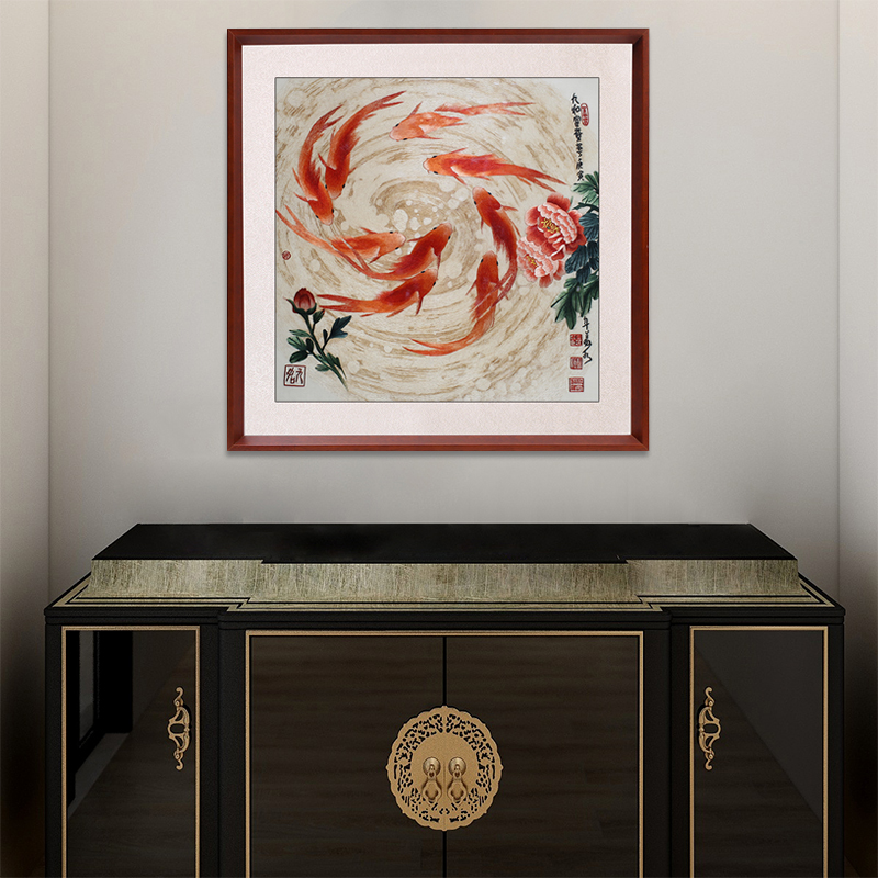 斗方玄关装饰画——手工刺绣装饰画《九如富贵》