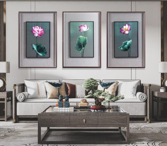 沙发背景墙装饰画——手工刺绣莲花三条屏
