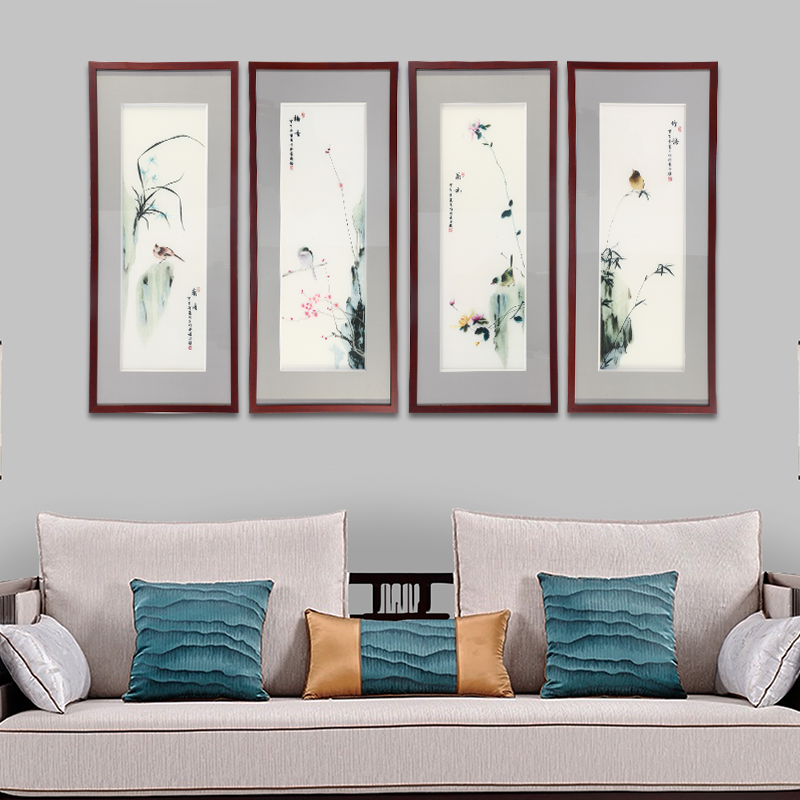 手工刺绣客厅沙发背景墙装饰画《梅兰竹菊》 手工刺绣客厅沙发背景墙装饰画《梅兰竹菊》