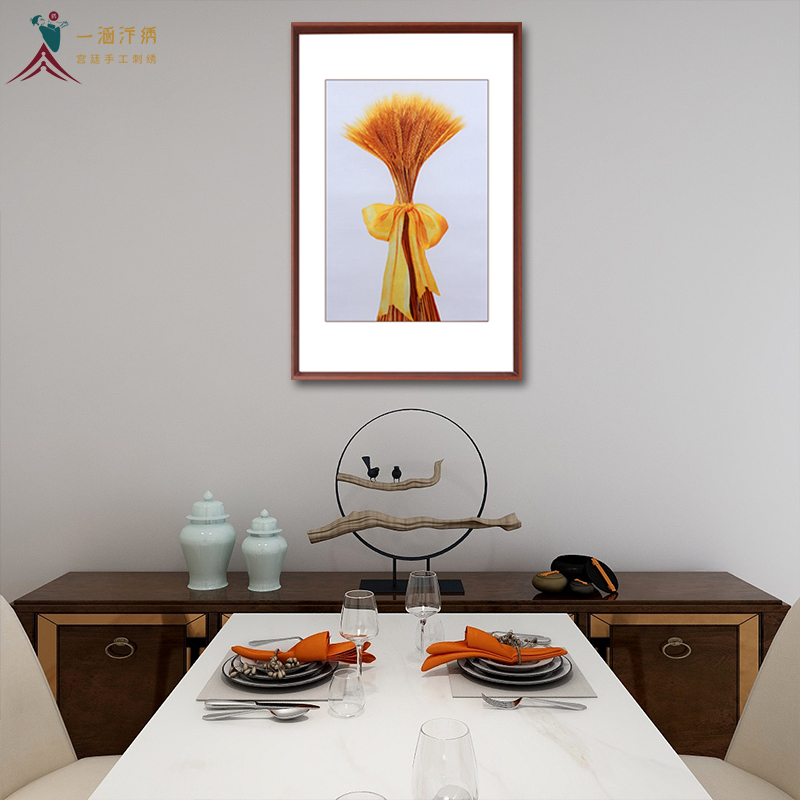 新中式餐厅画 刺绣麦穗图