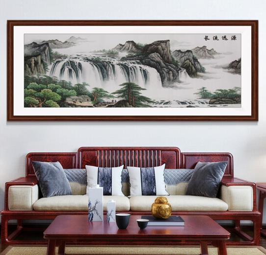 沙发背景墙壁画——手工刺绣山水画《源远流长》