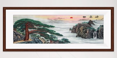 办公室装饰画手工刺绣山水画迎客松