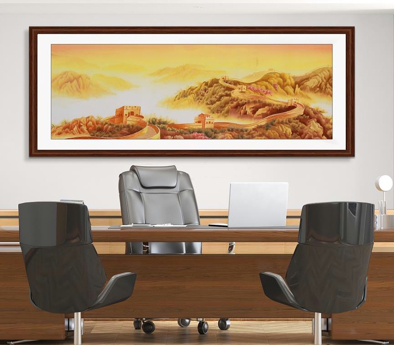 手工刺绣办公室装饰画金色长城山水画