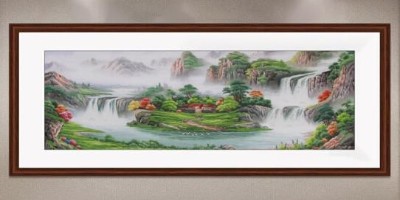 客厅装饰画手工刺绣聚宝盆山水画