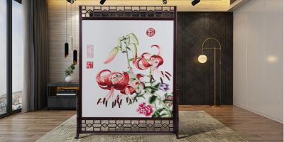 客厅进门玄关屏风，手工刺绣《合家欢乐》实木屏风
