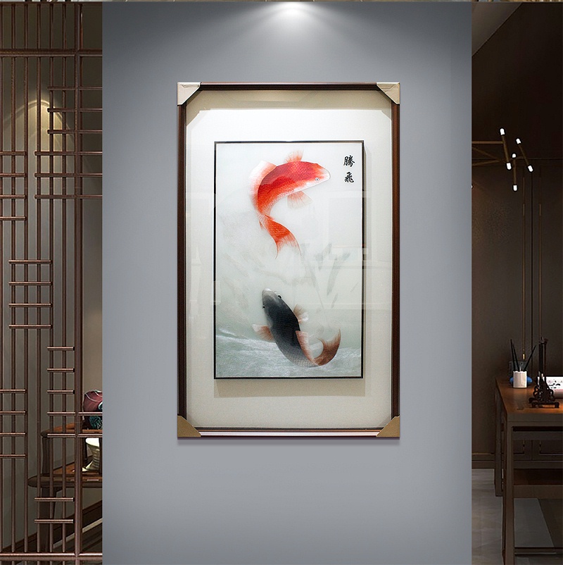 玄关装饰画——手工刺绣鲤鱼图《腾飞》