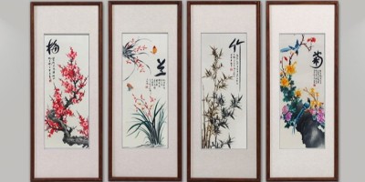 手工刺绣梅兰竹菊装饰画