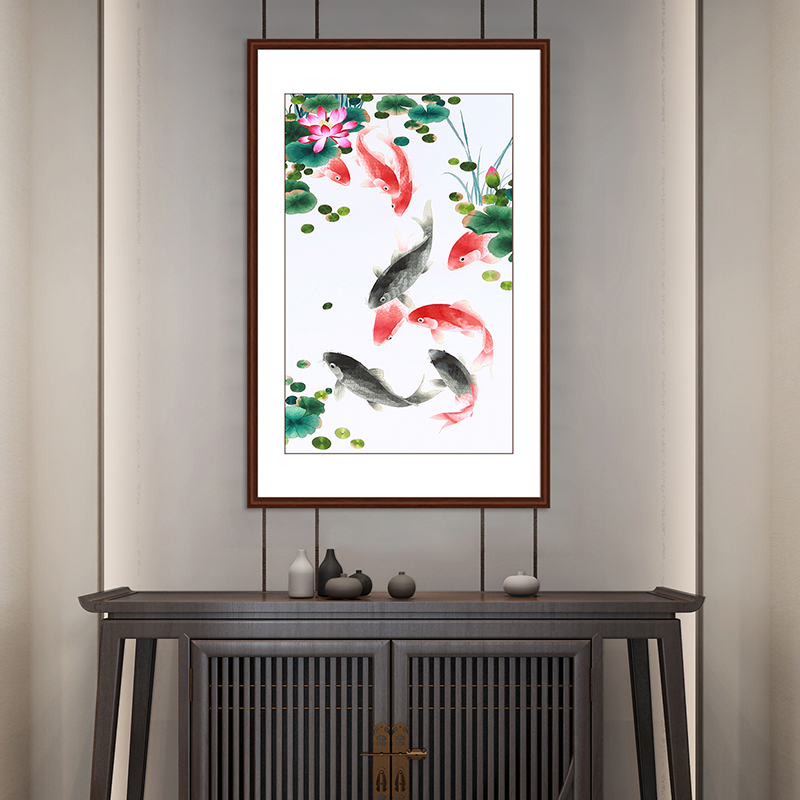 玄关装饰画-手工刺绣荷花九鱼图