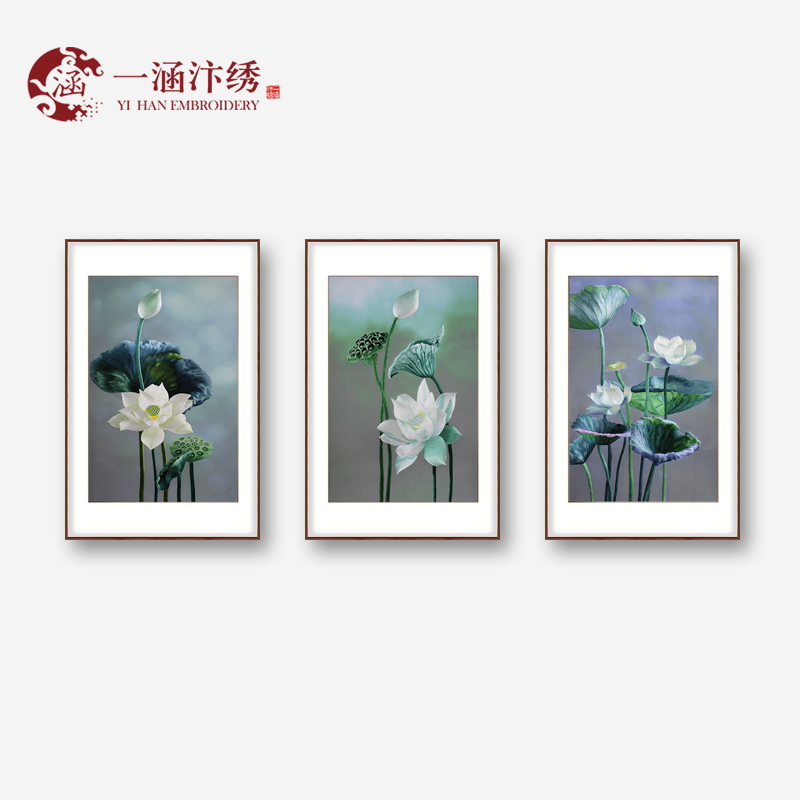 现代简约客厅装饰画 刺绣荷花三联屏