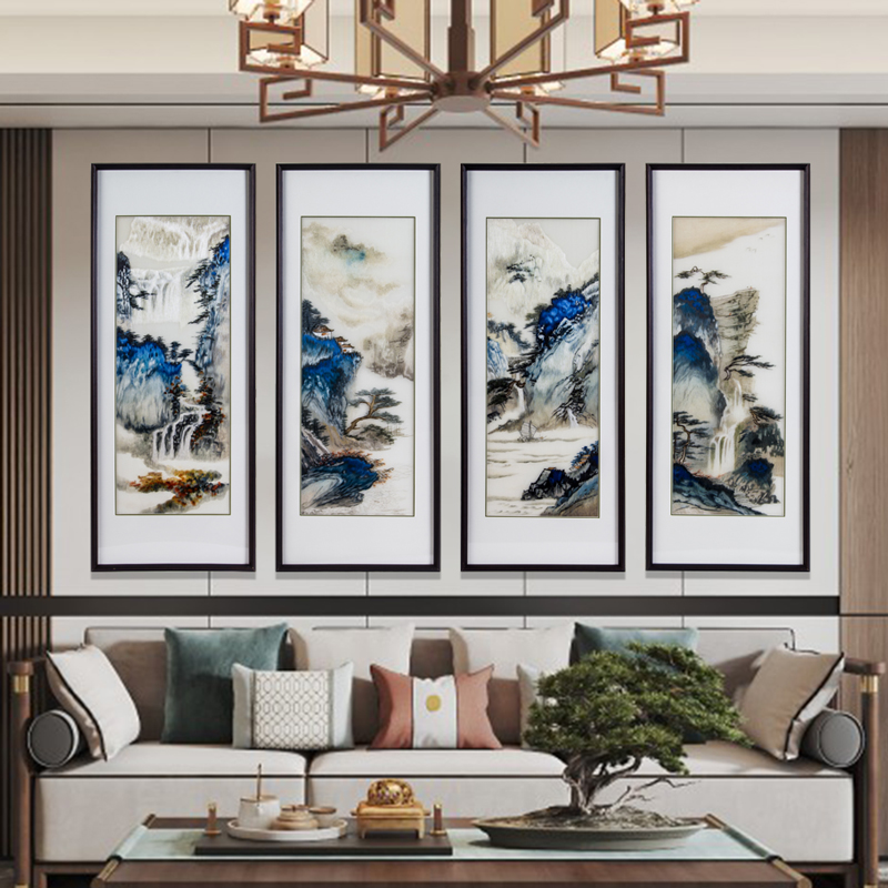 手工刺绣客厅装饰画-春山泉鸣山水四联屏