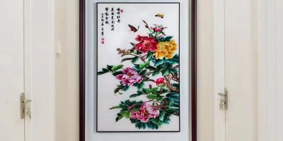 手工刺绣玄关装饰画牡丹画