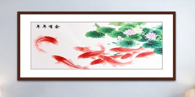 手工刺绣客厅装饰画荷花鲤鱼画