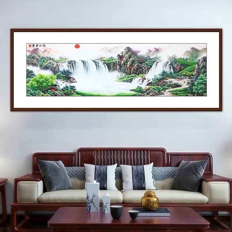 客厅装饰画——手工刺绣旭日东升山水画 
