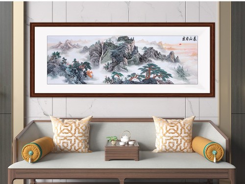 新中式刺绣客厅山水装饰画泰山日出