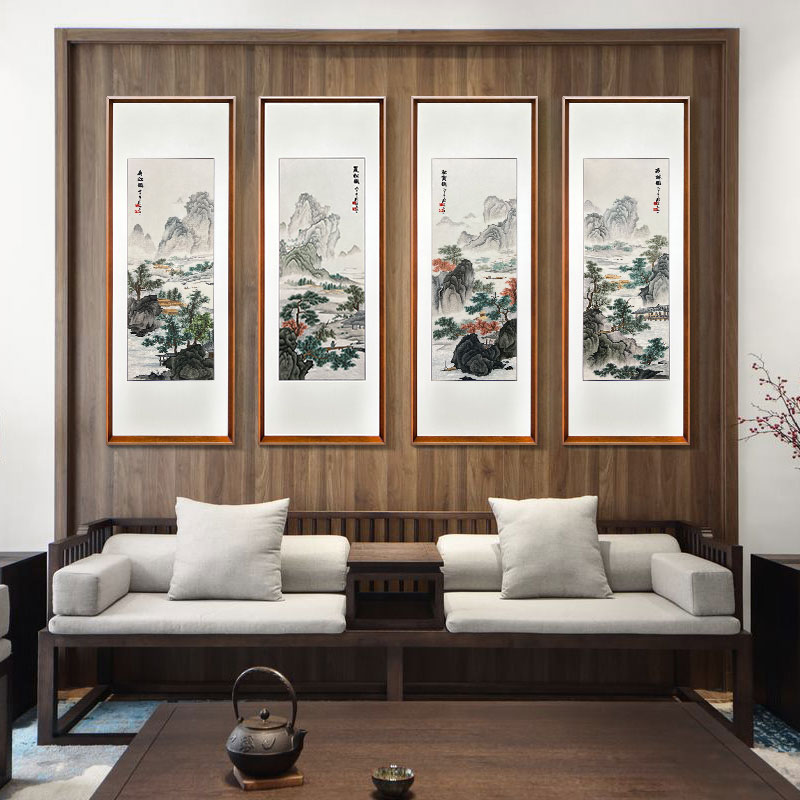 新中式客厅装饰画——手工刺绣装饰画四季山水图 