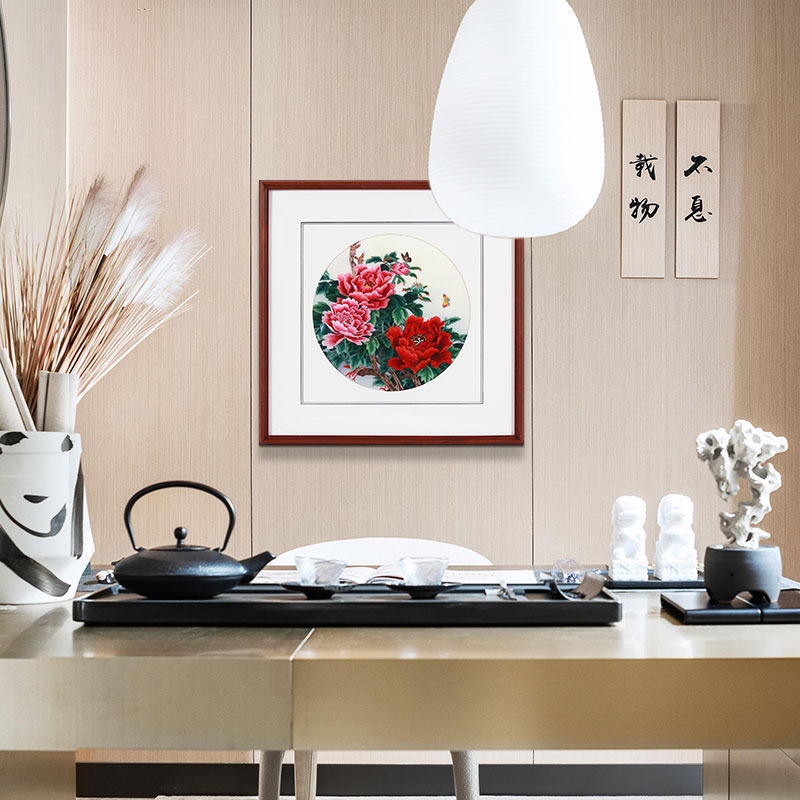 餐厅装饰画-手工刺绣装饰画牡丹蝴蝶图《福禄双全》