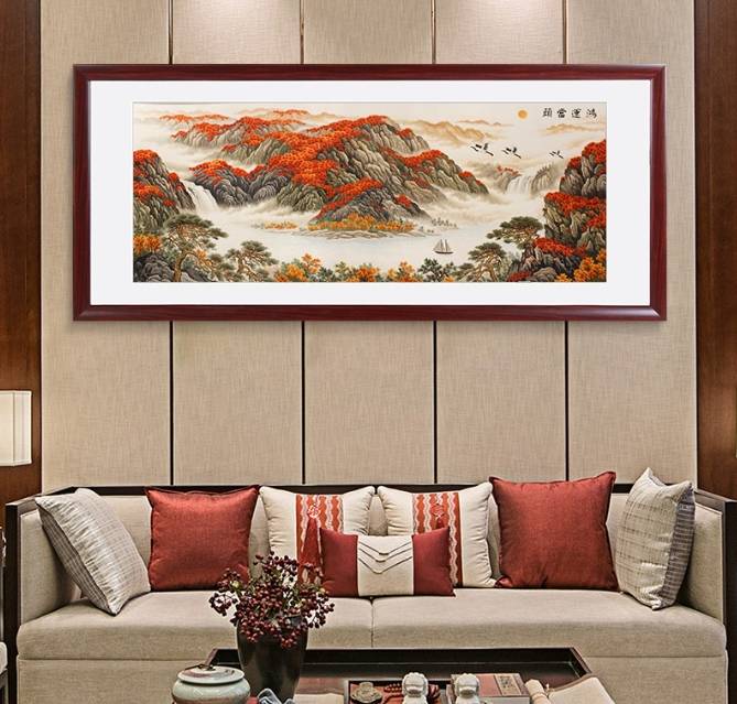 客厅装饰画——手工刺绣山水画《鸿运当头》