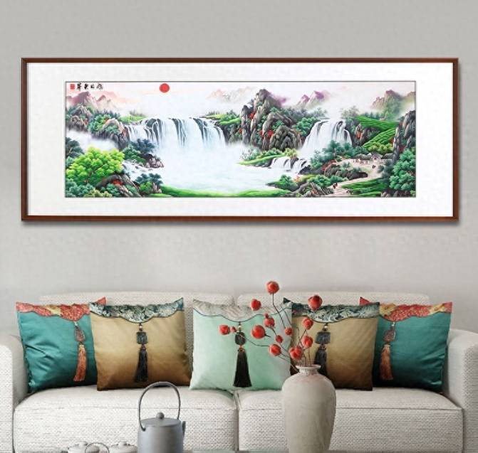 客厅装饰画——手工刺绣山水画《旭日东升》
