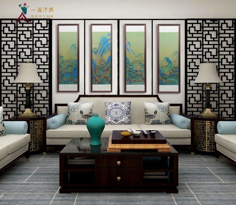 新中式客厅装饰画 刺绣千里江山条平画