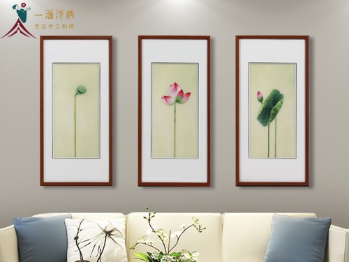 客厅装饰画 刺绣荷花三联屏