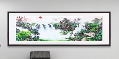 手工刺绣办公室装饰画旭日东升山水画